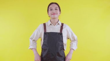 Önlük giymiş Asyalı genç bir baristanın portresi sarı arka planda gülümsüyor, garson ya da girişimci neşeli, küçük işletme ya da girişim sahibi, kendine güvenen bir garson ya da kafe garsonu.