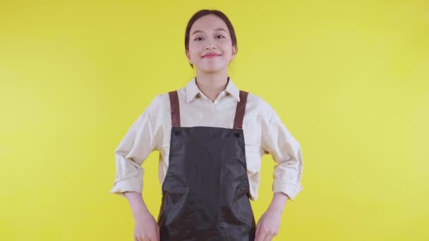 Retrato Jovem Asiático Barista Mulher Vestindo Avental Sorrir Fundo Amarelo — Vídeo de Stock