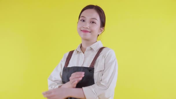 穿着围裙站在黄色背景下笑着的年轻亚洲女服务员 快乐的女服务员或企业家 小企业或初创企业 带着自信的咖啡馆或咖啡店服务员的画像 — 图库视频影像