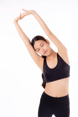 Egzersiz yogası için ellerini ya da kollarını uzatan güzel Asyalı kadın portresi. Beyaz arka planda izole edilmiş, kas gücü, spor ve sağlık konsepti için kadın antrenmanı..