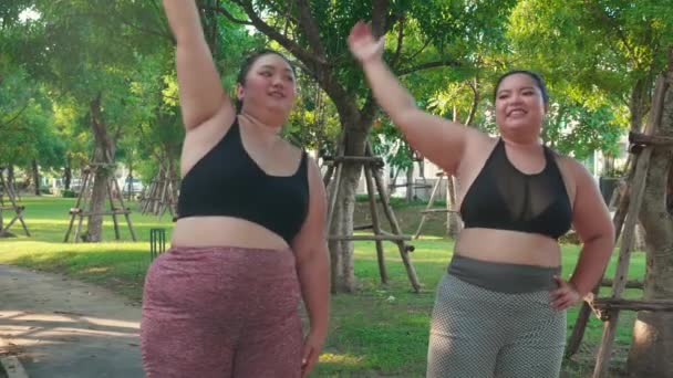 Elhízott Két Fiatal Ázsiai Csinál Nyújtózkodó Kar Izom Parkban Túlsúlyos — Stock videók