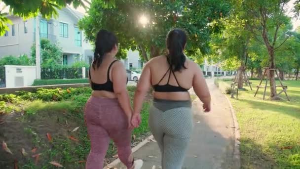 Två Asiatiska Kvinna Fett Sportkläder Jogga Tillsammans Gångväg Parken Kvinna — Stockvideo
