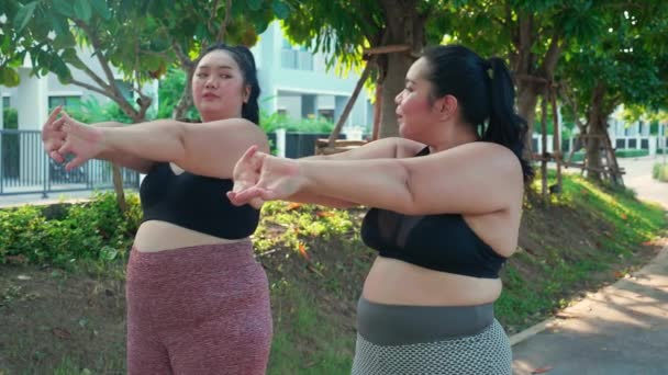 Obese Two Young Asian Woman Doing Stretching Arm Muscle Park — Stock Video