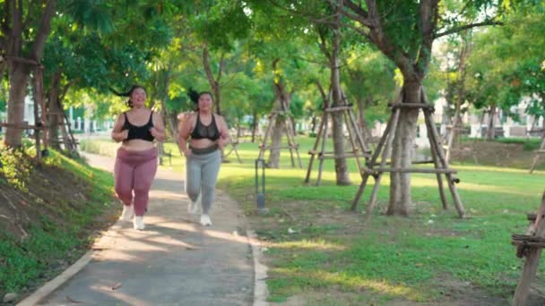 Zwei Asiatische Frauen Dick Sportbekleidung Joggen Zusammen Auf Dem Weg — Stockvideo