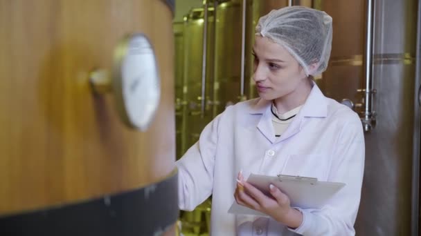 Enólogo Mujer Control Examen Producción Vino Bodega Fábrica Inspector Control — Vídeos de Stock