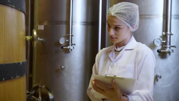 Winemaker Woman Checking Examining Producing Wine Winery Factory Inspector Checking — Stock Video