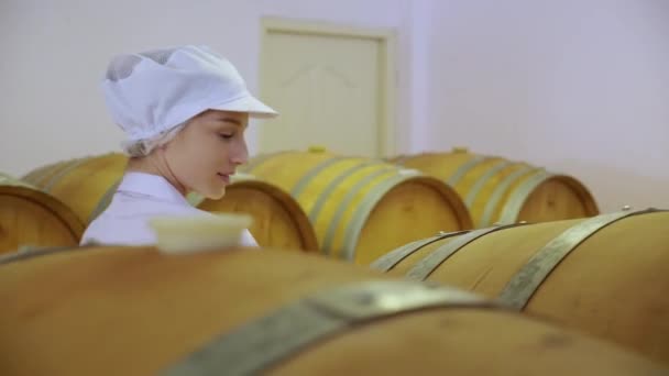 Kobieta Produkująca Wino Sprawdza Bada Produkcję Wina Wytwórni Wina Fabryce — Wideo stockowe