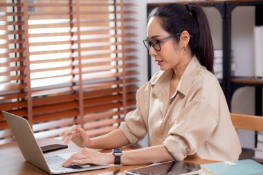 Genç iş kadınının ev ofisinin oturma odasında dizüstü bilgisayar kullanması, iş kadınının internet, girişimci ya da serbest çalışma, iş ve iletişim için dizüstü bilgisayar kullanması.