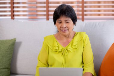 Asyalı son sınıf öğrencisi bir kadın evdeki sosyal medyaya bakmak için dizüstü bilgisayar kullanıyor. Yaşlılar etkinlik ve iletişim yapıyor. Emeklilik ve rahatlama..