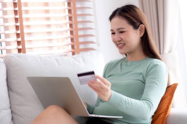 Kanepede oturan Asyalı genç bir kadın internet üzerinden dizüstü bilgisayar alışverişi yapıyor. İnternete kredi kartı alışverişi yapıyor. Kanepe, satın alma ve ödeme, iş ve yaşam tarzları ile kadın ödemesi yapıyor..