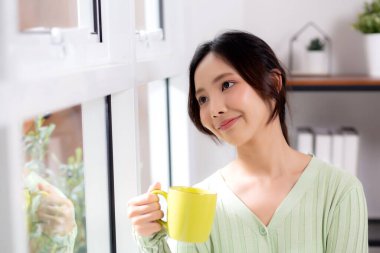 Portre genç Asyalı kadın evdeki oturma odasının penceresinde kahve içerek rahatlıyor ve keyif alıyor. Mutlulukla gülümseyen ve evinde rahat bir şekilde içki içen kadın, yaşam tarzı ve rahatlık..