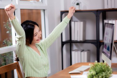 Genç Asyalı iş kadını, modern ev ofisinde başarılı olmak için masaüstü bilgisayarını kullanıyor. Masaüstü bilgisayarıyla çalışan bir iş kadını, evde oturma odasında kazanırken ve tatmin olurken, iş konseptini kullanıyor..