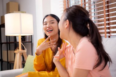 İki arkadaş sohbeti ve evdeki rahat oturma odasında kanepede oturmak, arkadaşlarla dedikodu ve kahkaha, arkadaşlık ve mutluluk, ifade ve dostluk, yaşam tarzı ve arkadaşlık..