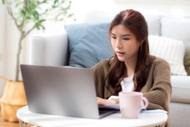 Genç Asyalı kadın evinde mutlu ve tatmin edici bir dizüstü bilgisayar kullanıyor, defter bilgisayarlı kadın rahatlaması ya da evden çalışıyor, iş gezisi e-postası, iş dünyası ve serbest çalışma.