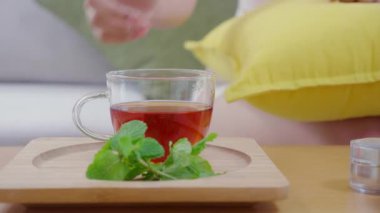 Kadın eli, oturma odasındaki koltukta oturmaktan zevk aldığı için fincan çay seçer. Çay, yaşam tarzı ve sağlık için çay ya da içecek içen kadının yakın çekimleri..