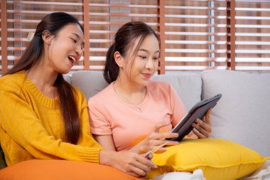 Kanepede oturan iki genç Asyalı kadın internet üzerinden tablet bilgisayar alışverişi yapıyor. İnternete kredi kartı satın alıyor, iş, alım ve ödeme, iş ve finans ile kadın ödemesi yapıyor..