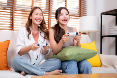 İki Asyalı kadın, evdeki rahat bir oturma odasında bilgisayar oyunu oynuyorlar. Eğlence, arkadaşlık ve neşeli bir yaşam tarzı. Asyalı arkadaşlar, eğlence ve oyun paylaşımının keyfini çıkarıyorlar..
