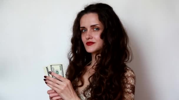 Girl Unfolds Shows Money — Stock Video