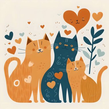 Bir vektör görüntüsü, kedi anne, kedi baba ve kedilerinin birlikte oturan, uçan kalplerle çevrili, sevgi dolu bağlarını gösteren bir kediyi tasvir eder..