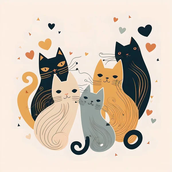 Charming Trio Felines Cat Parents Sit Amidst Gentle Flurry Love — Stock Photo, Image