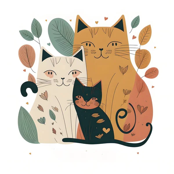 A vector image depicts a cat family consisting of a mother cat, father cat, and their adorable kitten sitting together with heart shapes floating around them.