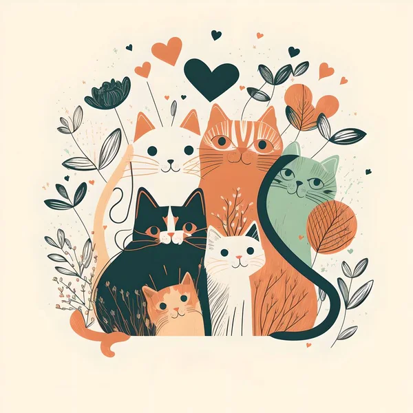 Piękny Obrazek Przedstawia Rodzinę Czterech Kotów Tym Rodziców Ich Urocze — Zdjęcie stockowe
