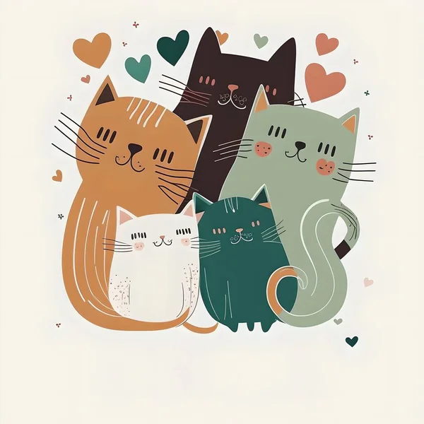 一个由三只猫和它们的父母组成的快乐的家庭 在漂浮的爱心的包围下安坐着 这个图像是矢量格式的 — 图库照片