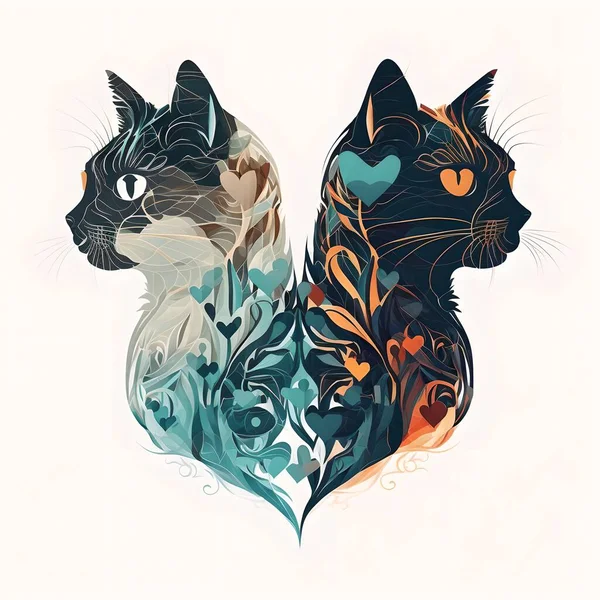 两只可爱的猫肩并肩地坐着 流露出一种爱与和谐的感觉 这幅画是以简单化 简约的艺术风格创作的 — 图库照片