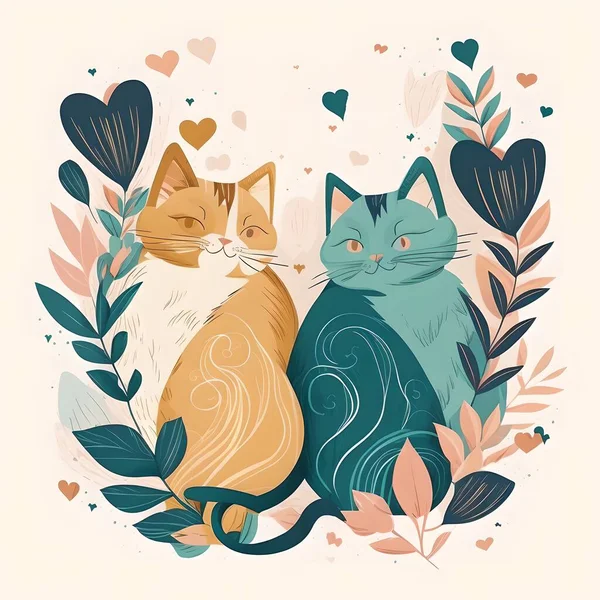 Minimalist Art Style Painting Depicts Two Adorable Cats Sitting Each — Stock Photo, Image