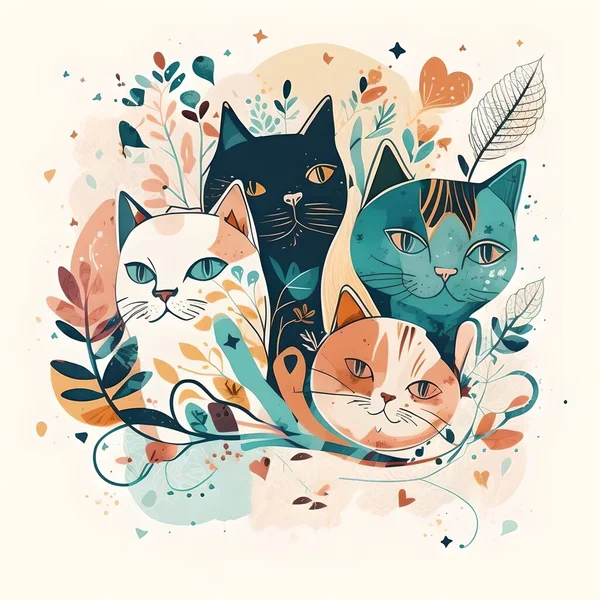 Vector Image Family Four Colorful Cats Sitting Midst Thick Foliage — Stock Photo, Image