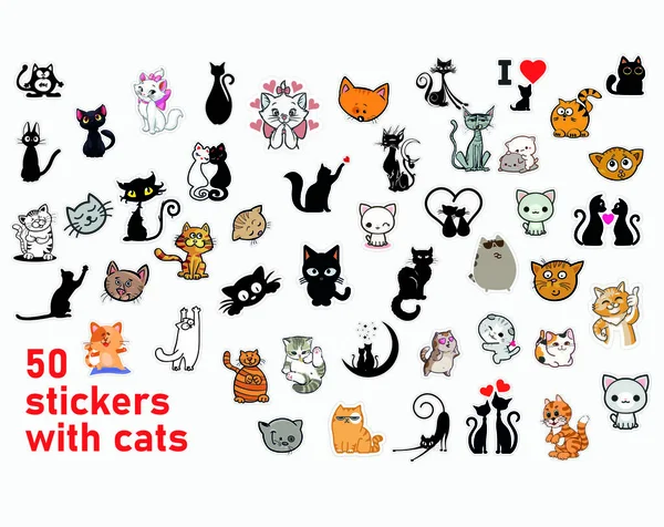这个矢量文件是一组50个贴纸 上面有可爱的猫 它们的设计很适合贴在绘图机上 — 图库矢量图片