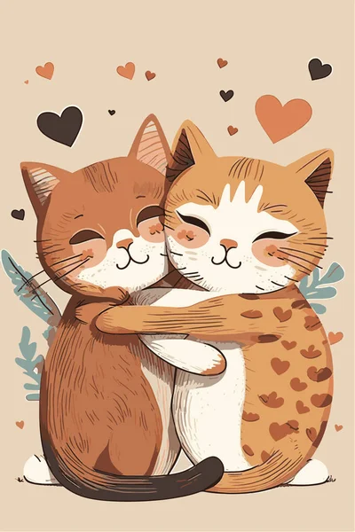Vector File Features Two Adorable Cats Hugging Each Other Heartwarming — Stock Vector
