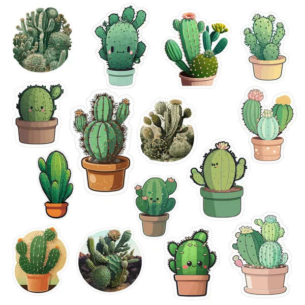 Gran Conjunto Ilustraciones Cactus Dibujos Animados Lindo Suculentas Con Caras — Vector de stock