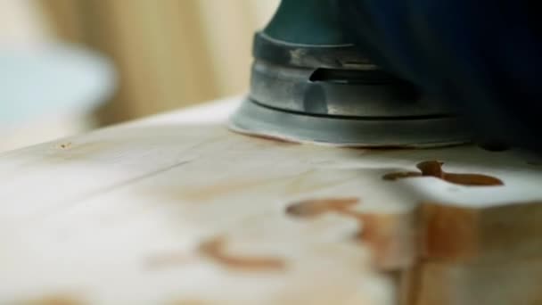 Male Artisan Polishes Wooden Board Using Grinding Machine Workshop Working — Stockvideo