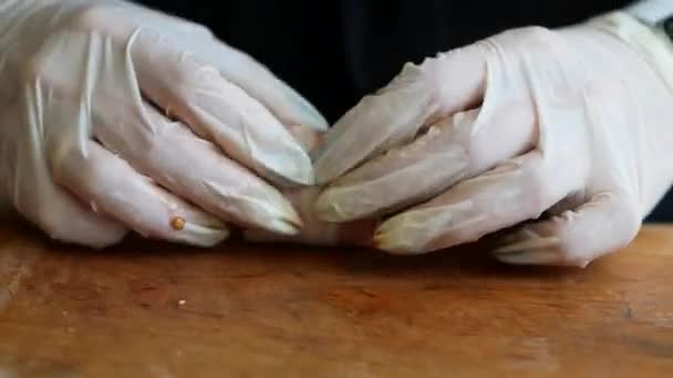 Chef Makes Rolls Bacon Banana Dark Wooden Board Kitchen Close — Vídeo de stock