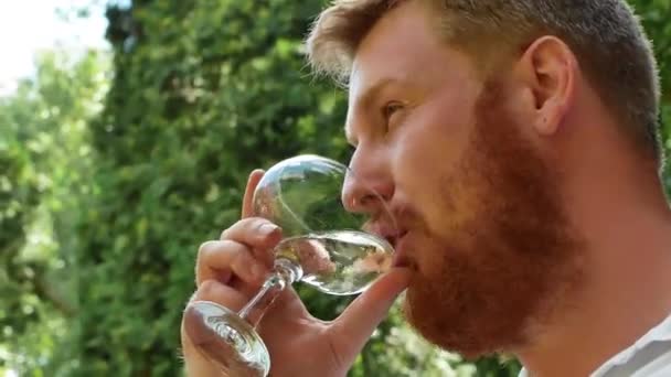 Close Portrait Man Red Beard Enjoying White Wine Outdoors Man — Vídeo de Stock
