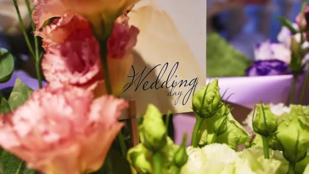 Greeting Card Inscription Wedding Day Colorful Bouquet Beautiful Flowers — Αρχείο Βίντεο