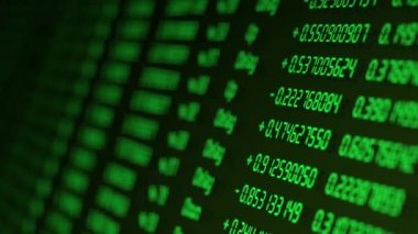 Yeşil borsa saatleri. Geçen borsa fiyatlarının dijital animasyonu. 3d soyut arkaplan borsa verilerini görüntüde görüntüle. Mali konsept.