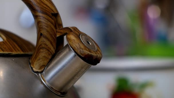 Mutfaktaki Ocakta Kararmış Eski Çaydanlık Kaynıyor Çaydanlık Islığı Makro Klibi — Stok video