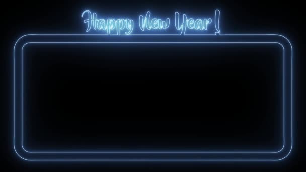 Blue Neon Square Screen Frame Happy New Year Lettering Fluorescent — Stock Video