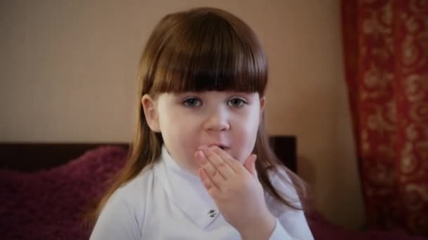 Close Portrait Little Preschool Age European Girl Blowing Kiss Looking — Stockvideo