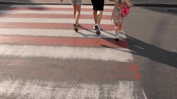 Mamá Dos Hijas Caminan Largo Del Paso Peatonal Tomados Mano — Vídeos de Stock