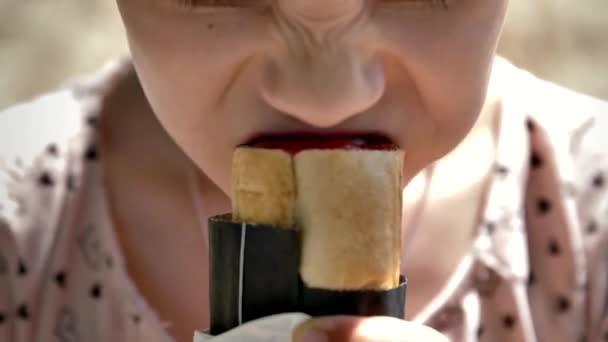 Aproape Gura Unei Fetițe Drăguțe Care Mănâncă Hot Dog Copil — Videoclip de stoc