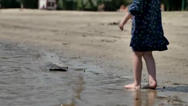 Mała Dziewczynka Sukience Bawi Się Wodzie Plaży Letni Słoneczny Dzień — Wideo stockowe
