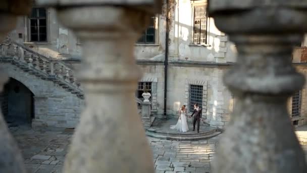 愛の新婚旅行は 古い城を歩く 花嫁と新郎は 古いパスに沿って歩いている 男性と女性の愛 エレガントな衣装で美しい結婚式のカップル — ストック動画