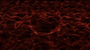 Kırmızı soyut arkaplan parçacıklardan oluşan dalgalı bir manzara şeklinde. Uzay dalgaları, fütüristik hareket tasarım elementleri. Teknolojik dijital arka plan. 3 Boyutlu Canlandırma