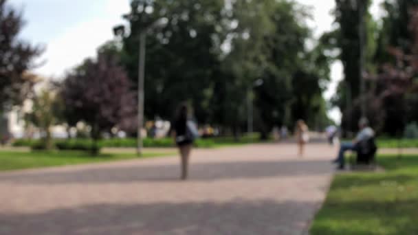 市内中心部の公園に行く人々が焦点を当てています 見知らぬ人が公園のベンチに腰を下ろして歩いている — ストック動画