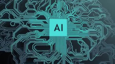 Baskılı devre kartı insan beyni şeklinde titreşir ve çizilir. Yapay zeka sinyallerinin 3 boyutlu animasyonu.