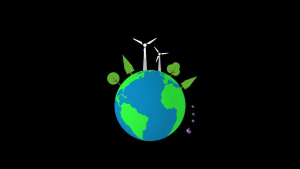 Эко Анимация Планеты Ветряными Электростанциями Деревьями Зеленая Земля Графическими Элементами — стоковое видео