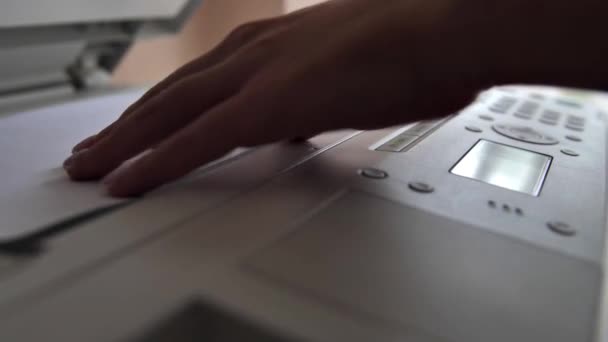 Office Worker Girl Puts Sheet Paper Text Copier Scanner Makes — Stock Video